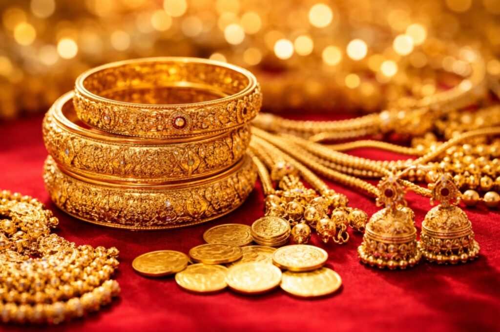 Gold ornaments displayed in a jewellery showroom as gold prices fall by ₹200 per sovereign in Kerala.