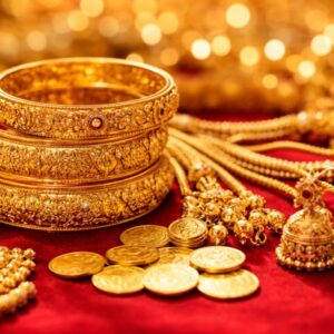 Gold ornaments displayed in a jewellery showroom as gold prices fall by ₹200 per sovereign in Kerala.