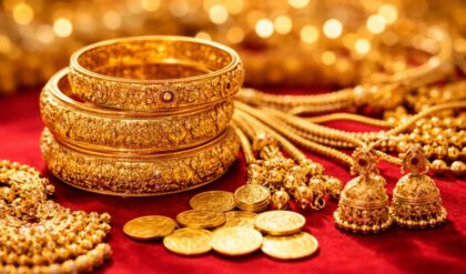 Gold ornaments displayed in a jewellery showroom as gold prices fall by ₹200 per sovereign in Kerala.