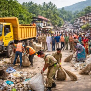 Municipal workers, volunteers, and local residents taking part in a large-scale community cleaning drive in Mananthavady ahead of the monsoon season.