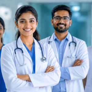 Doctors and healthcare professionals standing inside a modern hospital representing healthcare job opportunities in Kerala.