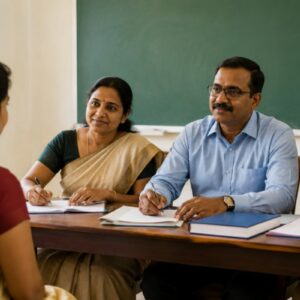 Candidates attending a job interview for JPHN, Librarian, and Computer Instructor vacancies with educational certificates and documents.