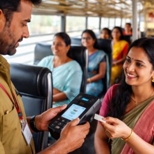 A KSRTC conductor entering a passenger's gender details into an electronic ticketing machine inside a Kerala state bus.