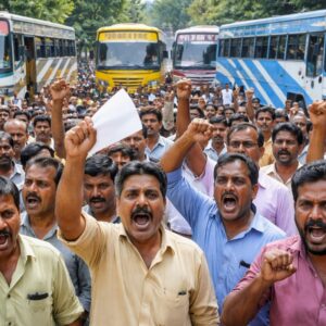 Representatives of private bus owners protesting against the free travel scheme for women on KSRTC buses.