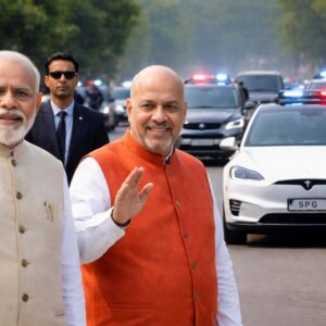 Prime Minister Narendra Modi and Home Minister Amit Shah waving during an official event, with security personnel and a convoy of vehicles, including an electric car, in the background.