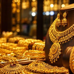 Gold jewellery and gold bars representing today’s gold price increase in Kerala.