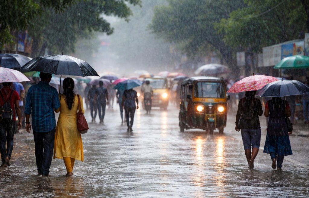 Dark monsoon clouds over Kerala with heavy rainfall as the India Meteorological Department issues red, orange, and yellow rain alerts across multiple districts.