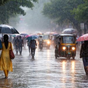 Dark monsoon clouds over Kerala with heavy rainfall as the India Meteorological Department issues red, orange, and yellow rain alerts across multiple districts.