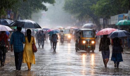 Dark monsoon clouds over Kerala with heavy rainfall as the India Meteorological Department issues red, orange, and yellow rain alerts across multiple districts.