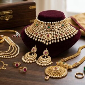 Gold ornaments displayed at a jewelry store as gold prices continue to rise sharply in Kerala.