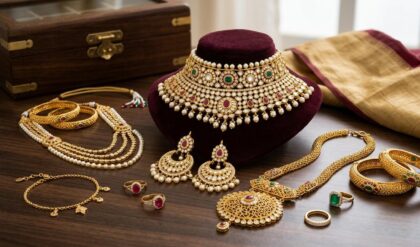 Gold ornaments displayed at a jewelry store as gold prices continue to rise sharply in Kerala.