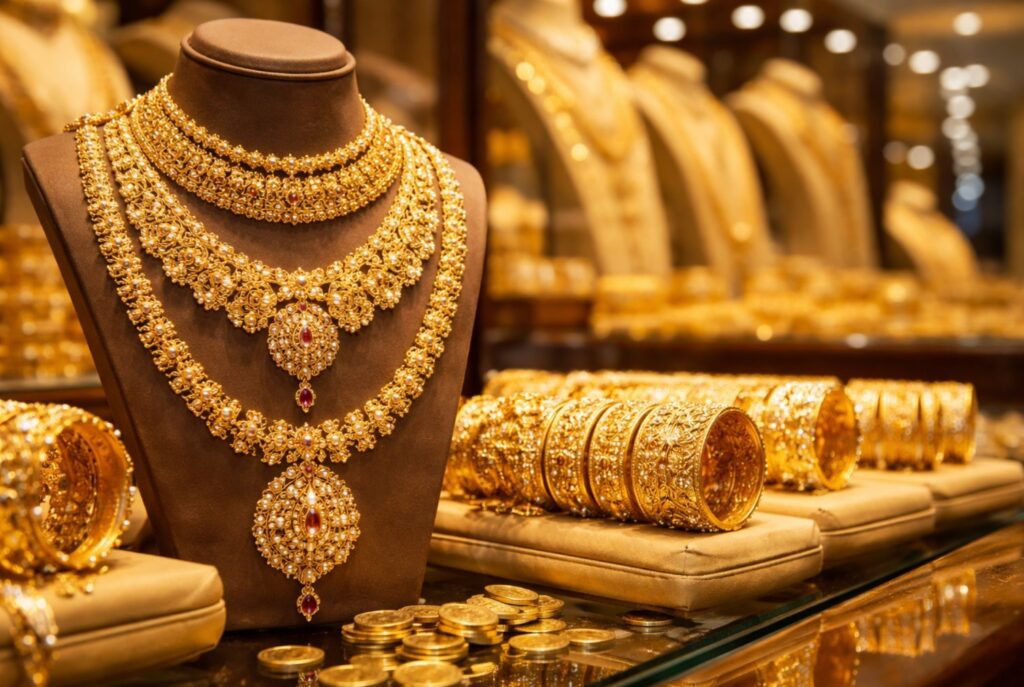 Gold ornaments displayed in a jewellery showroom as gold prices surge for the second consecutive day in Kerala.