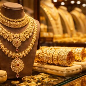 Gold ornaments displayed in a jewellery showroom as gold prices surge for the second consecutive day in Kerala.