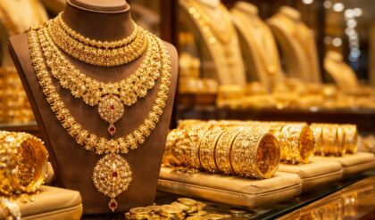Gold ornaments displayed in a jewellery showroom as gold prices surge for the second consecutive day in Kerala.