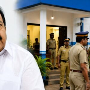 News-style image featuring Ramesh Chennithala alongside police officers and a civilian outside a Kerala police station.