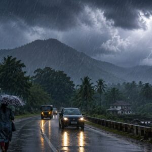 People walking with umbrellas during heavy rain in Kerala under dark cloudy skies