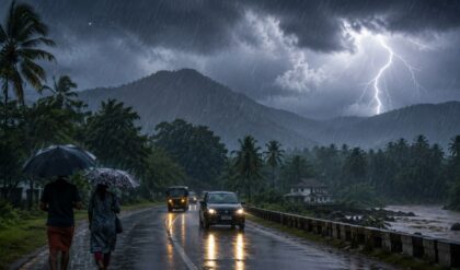 People walking with umbrellas during heavy rain in Kerala under dark cloudy skies