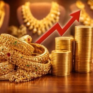 Gold ornaments displayed in a jewellery showroom as gold prices surge for the second consecutive day in Kerala.