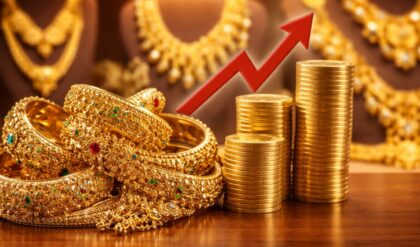 Gold ornaments displayed in a jewellery showroom as gold prices surge for the second consecutive day in Kerala.