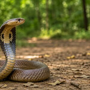 A cobra raising its hood near a child outdoors, symbolizing snakebite awareness and prevention in Kerala