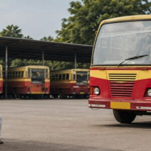 KSRTC buses parked at a depot as passengers face travel difficulties due to staff shortage and reduced services in the district.