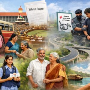 A collage-style illustration showing women boarding a KSRTC bus, elderly citizens receiving welfare support, students, healthcare services, roads, tourism, and public welfare initiatives representing the Kerala government's new policy announcements.