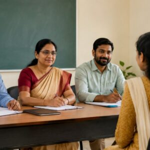 Candidates attending walk-in interview for daily wage teaching and technical positions at Mananthavady Government Polytechnic College.