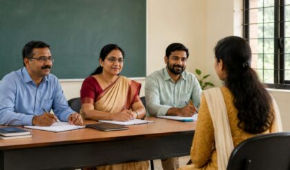Candidates attending walk-in interview for daily wage teaching and technical positions at Mananthavady Government Polytechnic College.