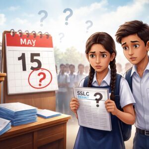 Worried Kerala SSLC students waiting for exam results with a May 15 calendar and an empty podium symbolizing uncertainty over the official announcement.