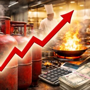 Commercial LPG cylinders displayed outside a commercial kitchen, symbolizing the latest increase in LPG prices and its impact on the hotel and catering industry.