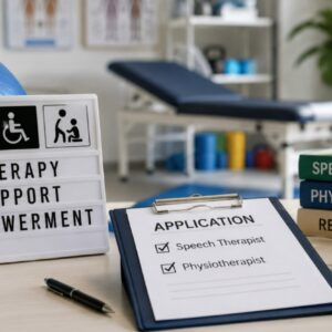 A healthcare professional conducting therapy sessions with a child in an educational support environment, representing Speech Therapist and Physiotherapist vacancies under Samagra Shiksha Kerala in Wayanad.