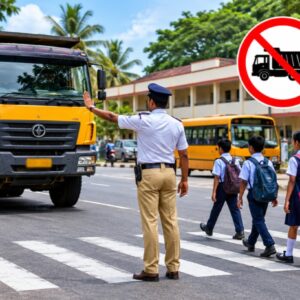 Tipper trucks traveling on a road in Kerala as the Motor Vehicles Department enforces restrictions during school hours to improve student safety.