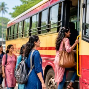 Alt Text: KSRTC ordinary bus carrying passengers on a Kerala road as the government considers a free travel scheme for women.