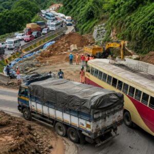 Traffic congestion at the sixth hairpin bend of Thamarassery Churam due to ongoing road construction works, causing delays for large vehicles and commuters.