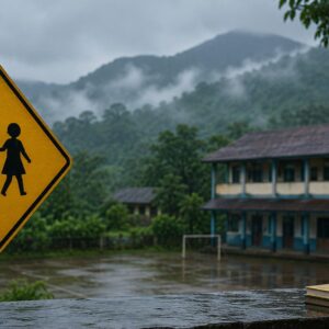 School and college buildings in Wayanad district during heavy monsoon rain after holiday declaration.