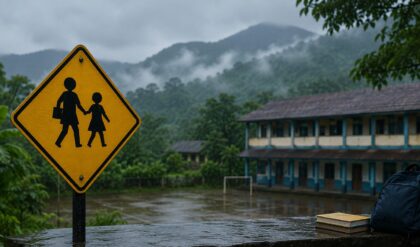School and college buildings in Wayanad district during heavy monsoon rain after holiday declaration.
