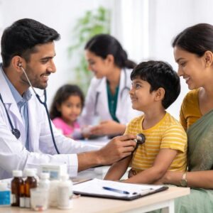 Doctors examining children at a free medical camp organized by Dr. Moopen's Medical College during the Shigella outbreak.
