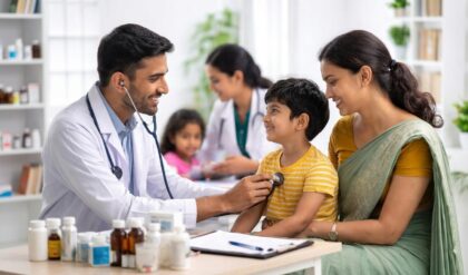 Doctors examining children at a free medical camp organized by Dr. Moopen's Medical College during the Shigella outbreak.