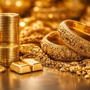 Gold jewellery displayed in a showroom representing the latest decline in gold prices in Kerala.