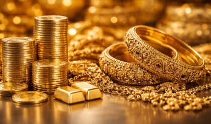 Gold jewellery displayed in a showroom representing the latest decline in gold prices in Kerala.