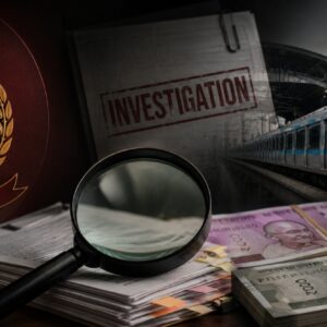 Investigation-themed illustration featuring legal documents, financial records, currency bundles, and enforcement agency symbolism without any people.