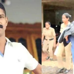 Police escort the absconding woman accused arrested in the Hemachandran murder case at Kozhikode Airport.