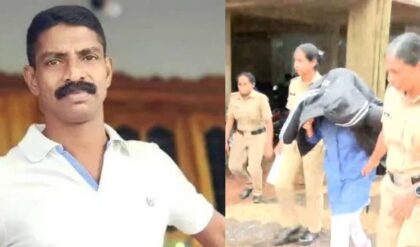 Police escort the absconding woman accused arrested in the Hemachandran murder case at Kozhikode Airport.