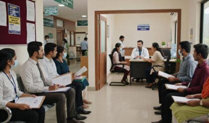 Candidates attending a walk-in interview for Driver, Pharmacist, and Blood Bank Technician vacancies at Kalpetta General Hospital.