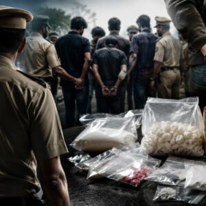 Kerala Police officers display seized narcotics during Operation Toofan: The Narco Hunt, which completed one month with drug seizures worth ₹30 crore across the state.