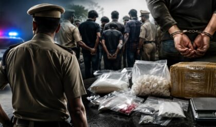 Kerala Police officers display seized narcotics during Operation Toofan: The Narco Hunt, which completed one month with drug seizures worth ₹30 crore across the state.