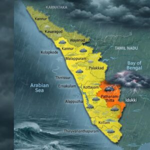 Dark monsoon clouds over Kerala with heavy rainfall as the IMD issues Orange and Yellow Alerts across multiple districts.