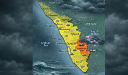 Dark monsoon clouds over Kerala with heavy rainfall as the IMD issues Orange and Yellow Alerts across multiple districts.