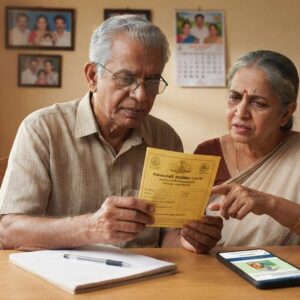 Priority ration card being checked by a family as the Kerala government reviews eligibility criteria for priority ration card inclusion.