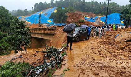 Rescue teams conduct search operations in the Meenakshi River after the Kalladi landslide in Wayanad, where the death toll has risen to seven.